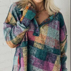 Multicolor Brushed Plaid Buttoned Pullover Oversized Hoodie